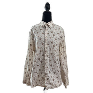 Men's Large Slim White Brown Floral Express Button Down Dress Shirt